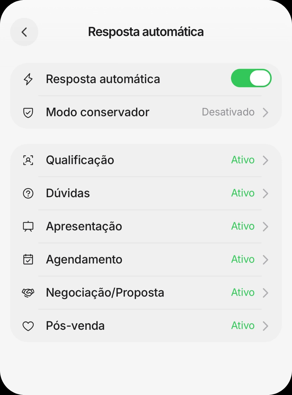 Tela de resposta automática do Altior com os seis agentes de IA ativos