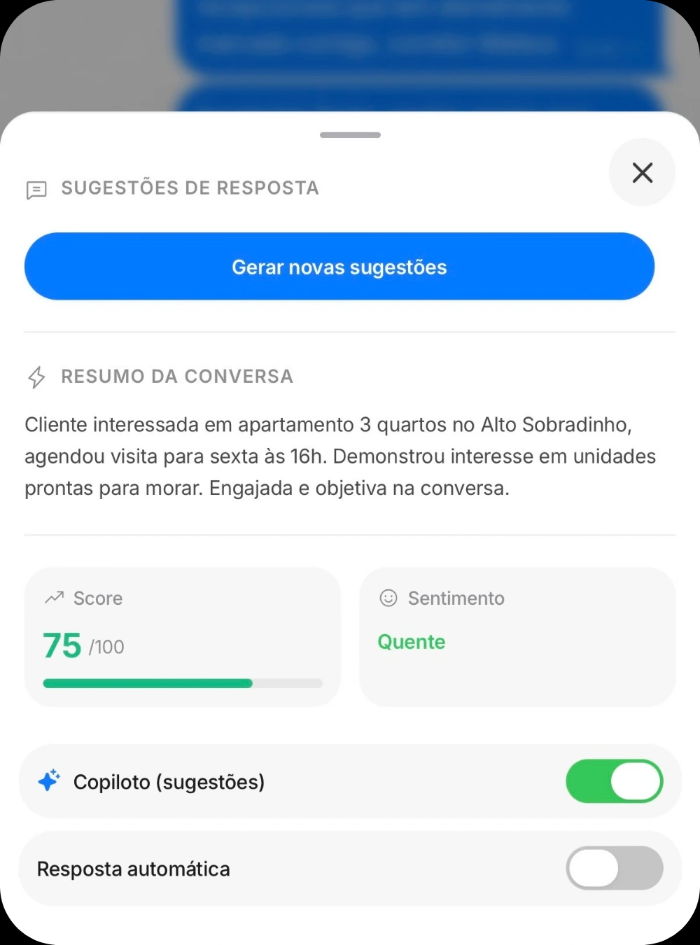 Resumo da conversa gerado pela IA, com score do lead e sentimento